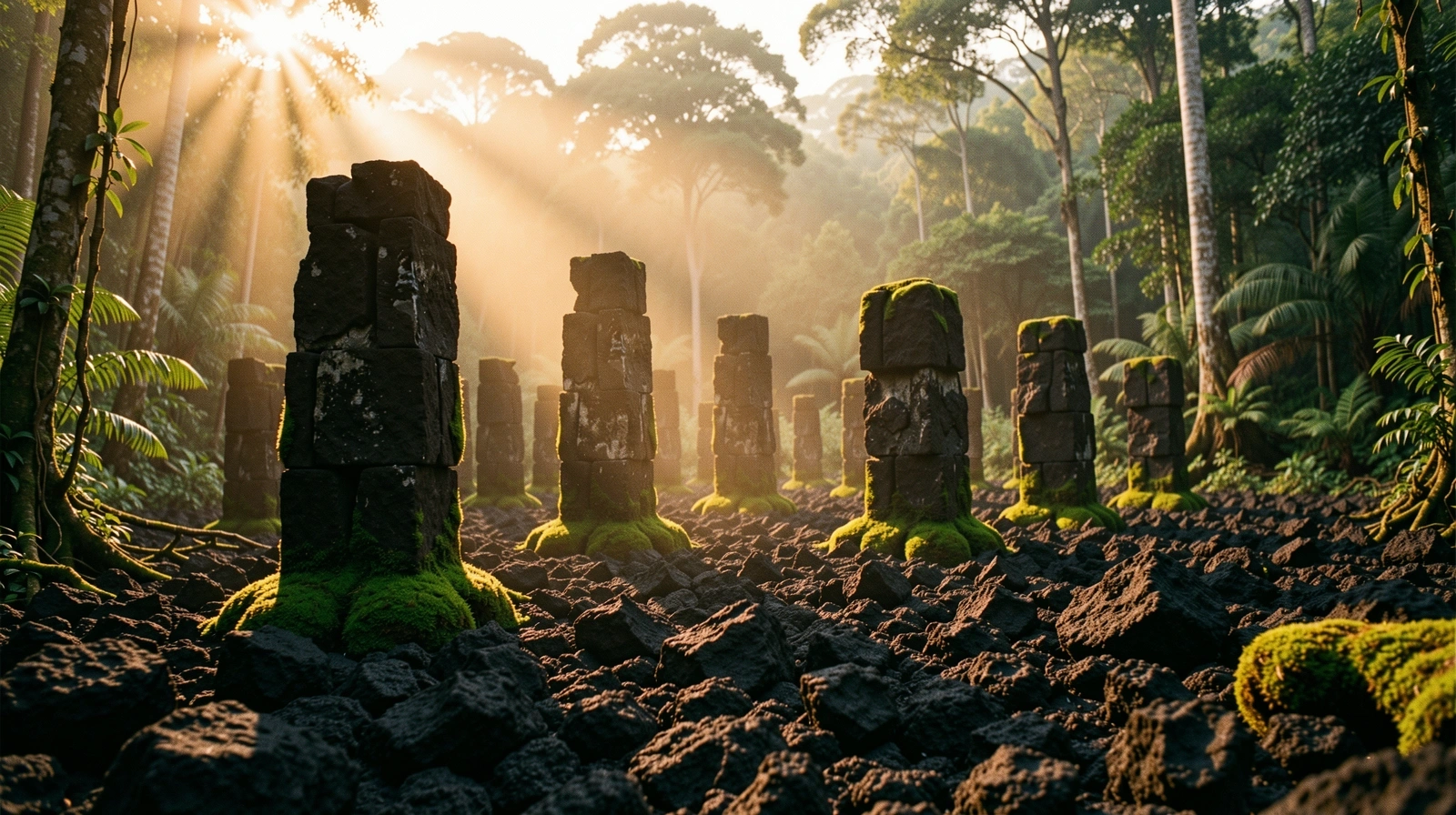 Basalt monoliths in an Indonesian jungle