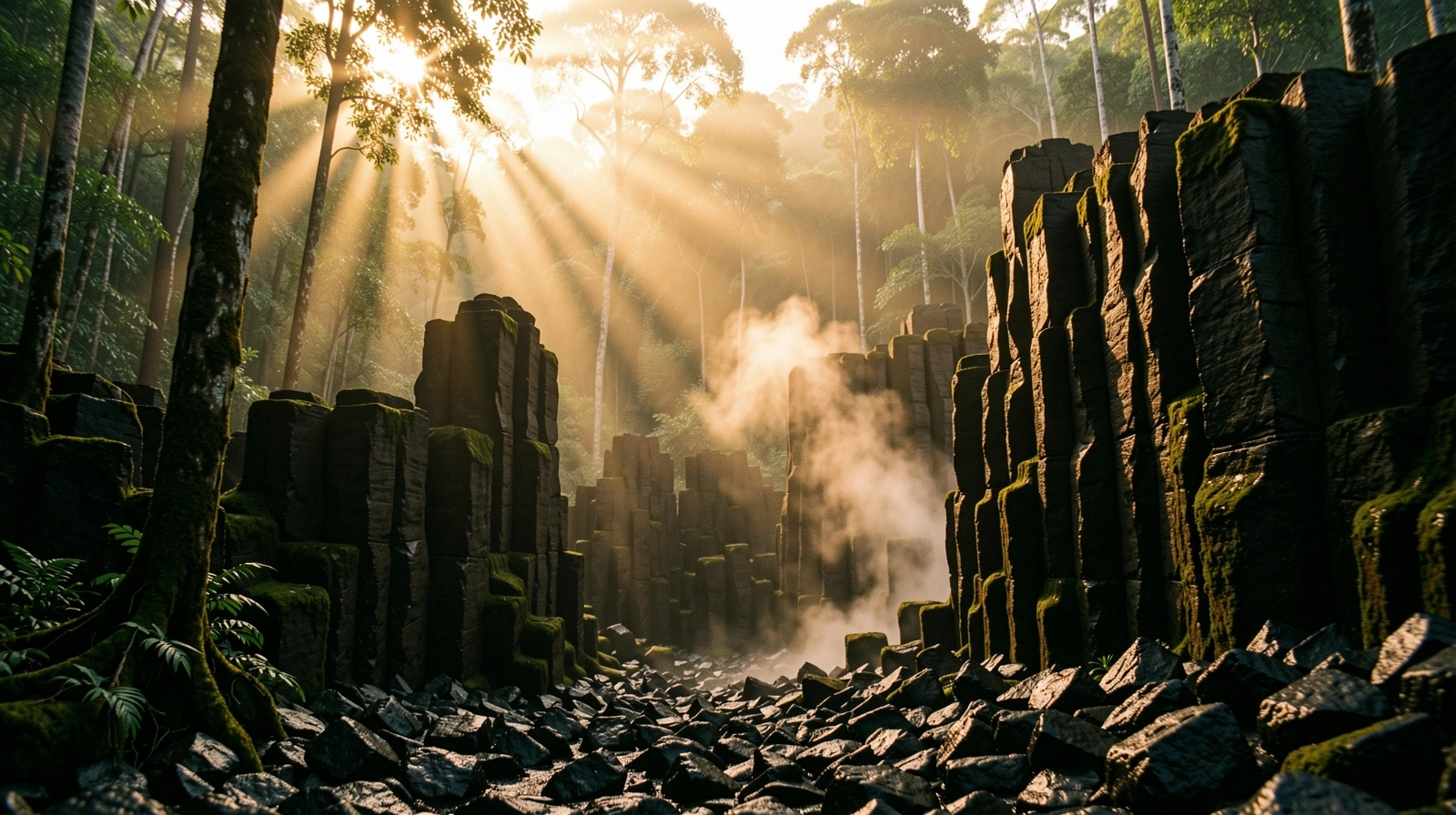 Basalt monoliths in an Indonesian jungle